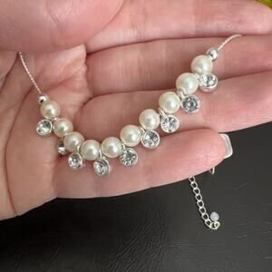 VTG SIGNED SAQ 16-20" silver tone clear Rhinestone off faux pearl Necklace EUC
